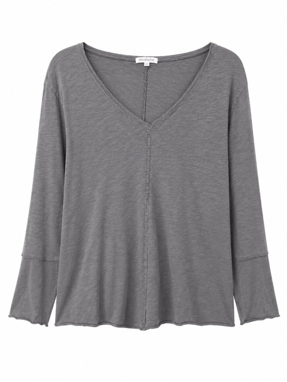 Mododoc Gray V-Neck Long Sleeve Slub Knit Raw Edge Top Size Large